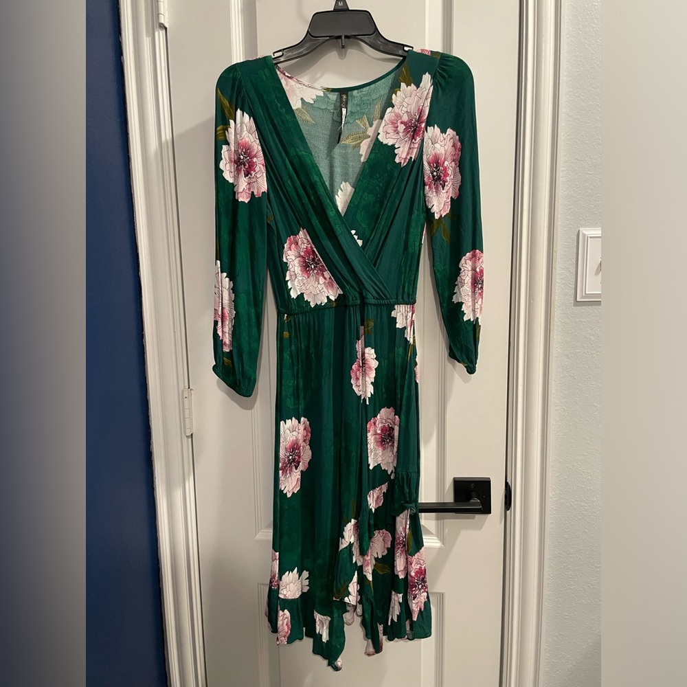 Anthropologie green floral faux wrap dress